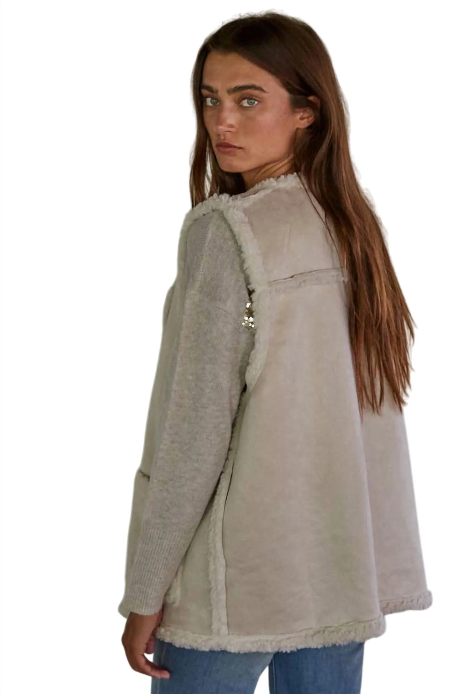 Suede Sherpa Zip-Up Vest In Natural