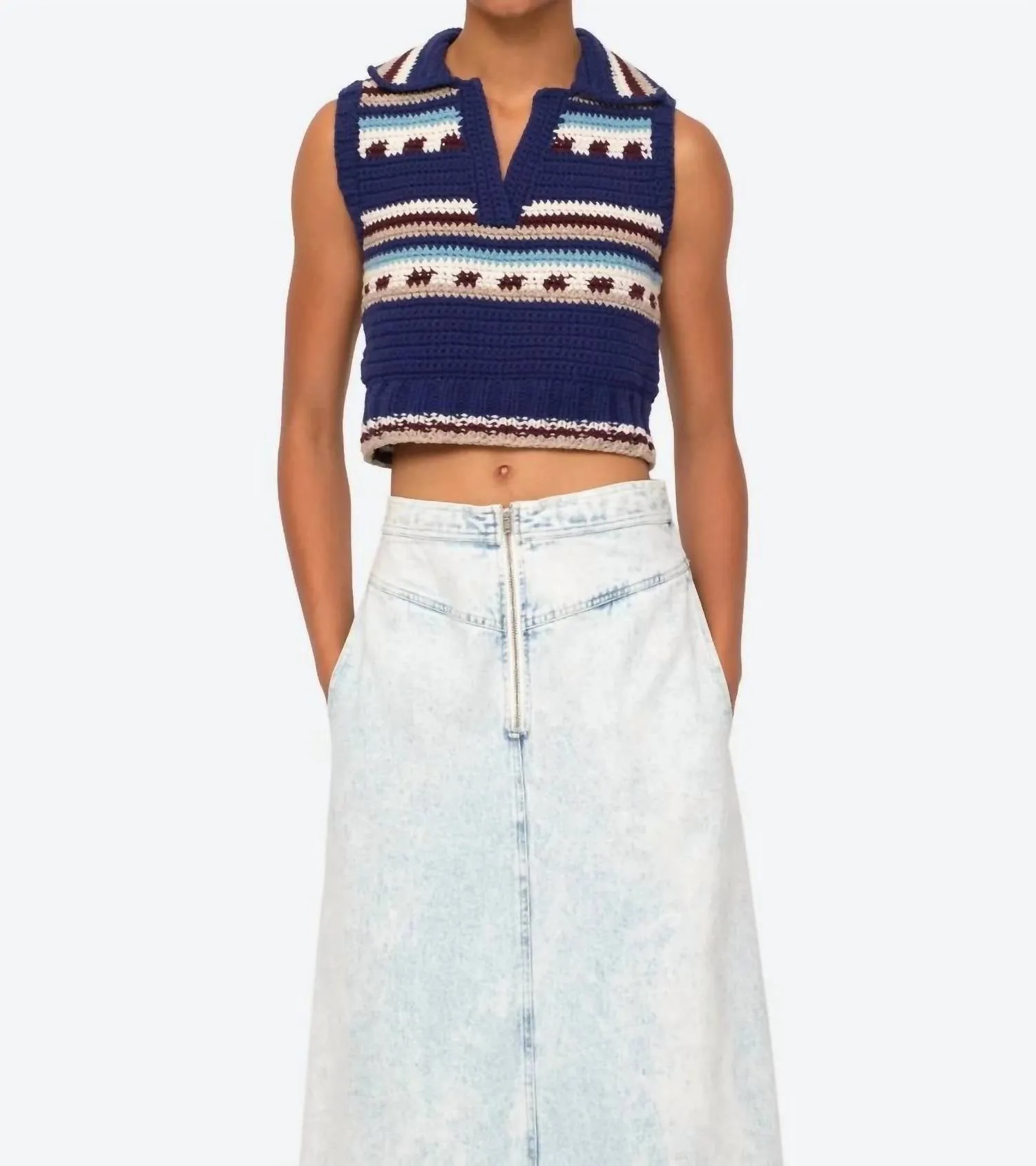 Sutton Crochet Vest In Blue