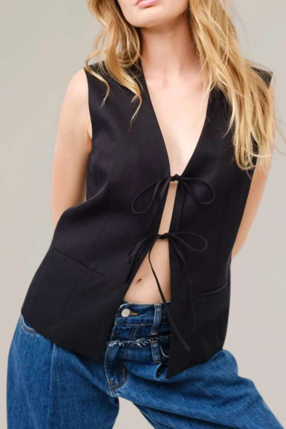 Tie Front Tailored Vest In Black