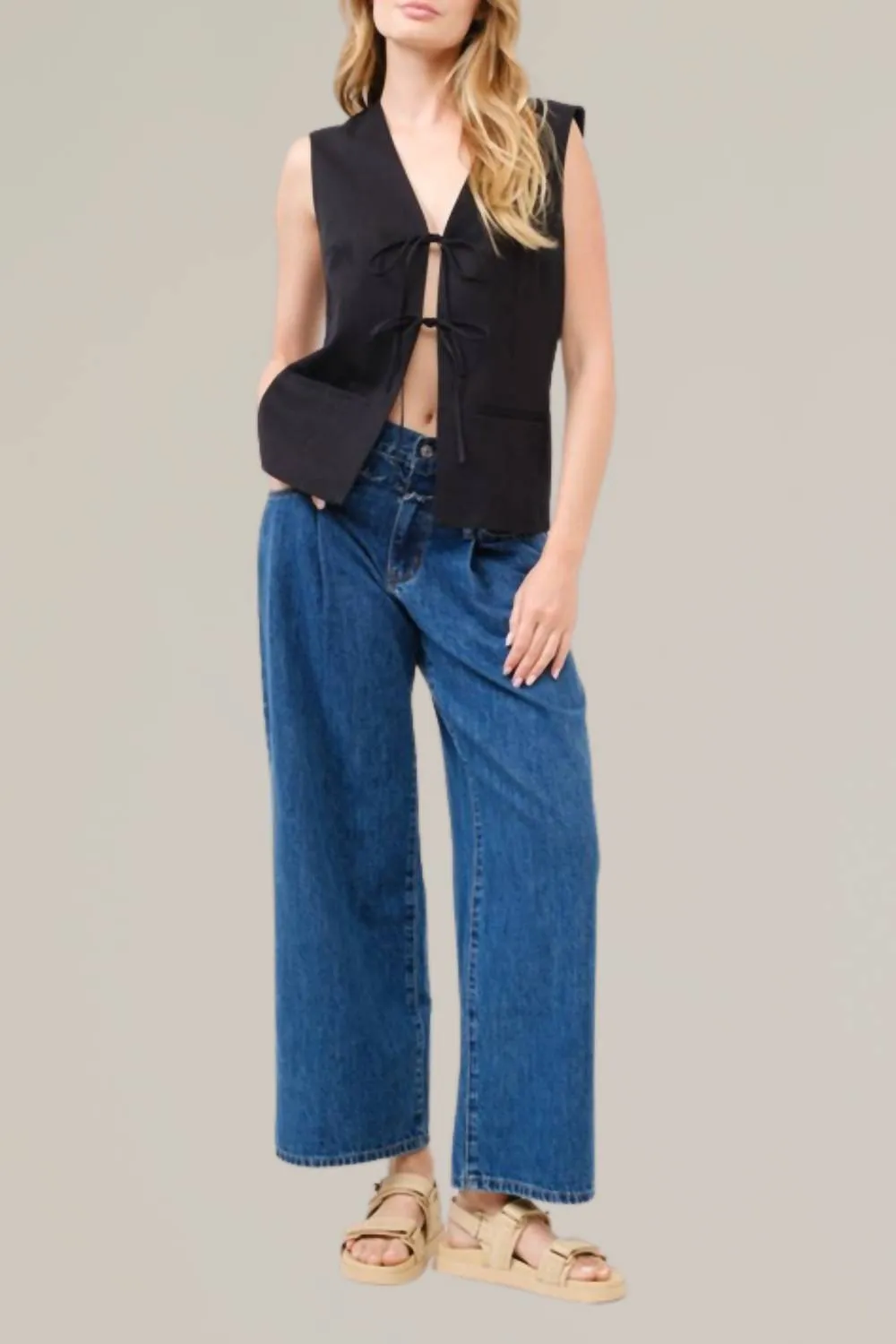 Tie Front Tailored Vest In Black