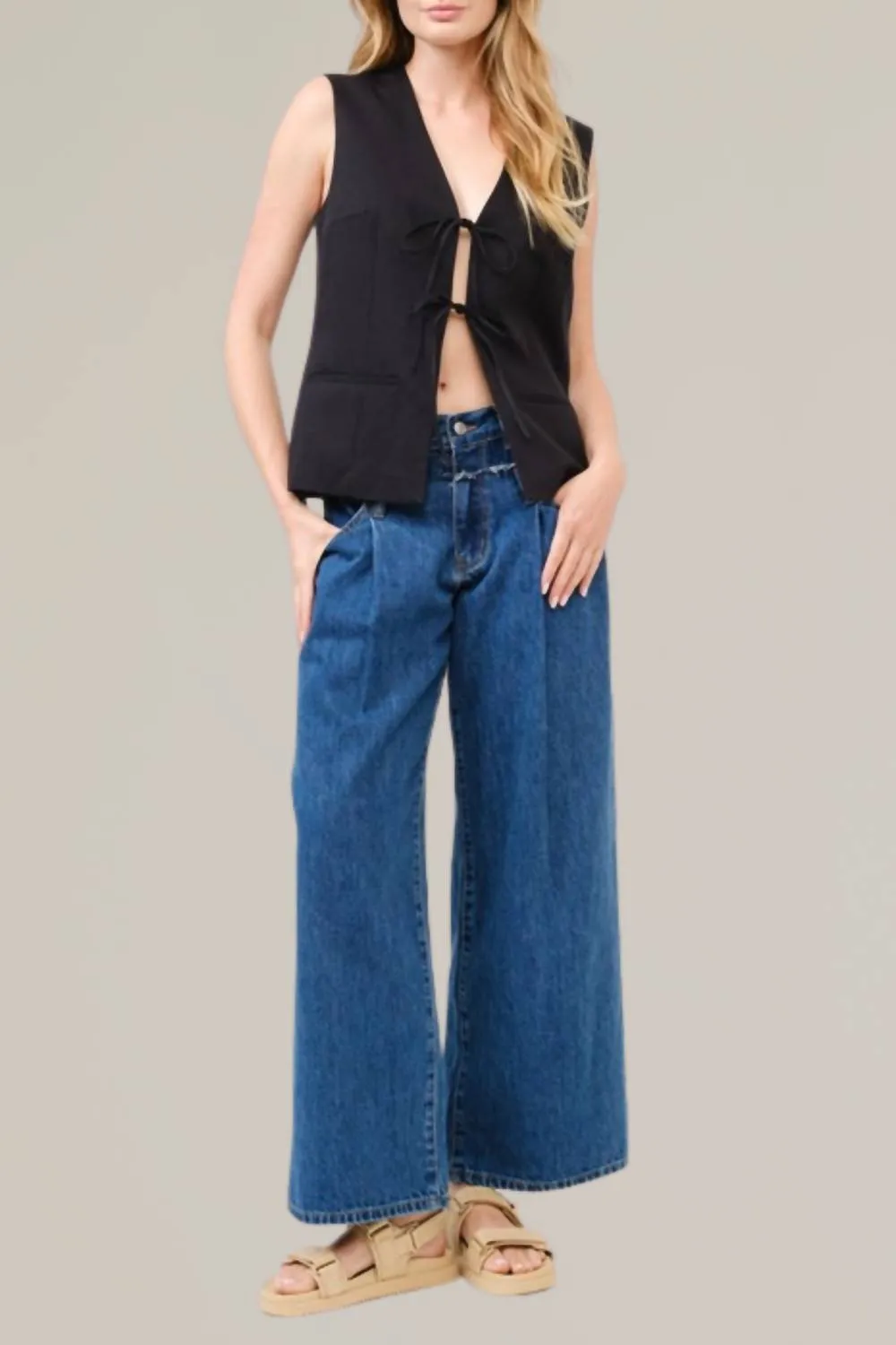Tie Front Tailored Vest In Black