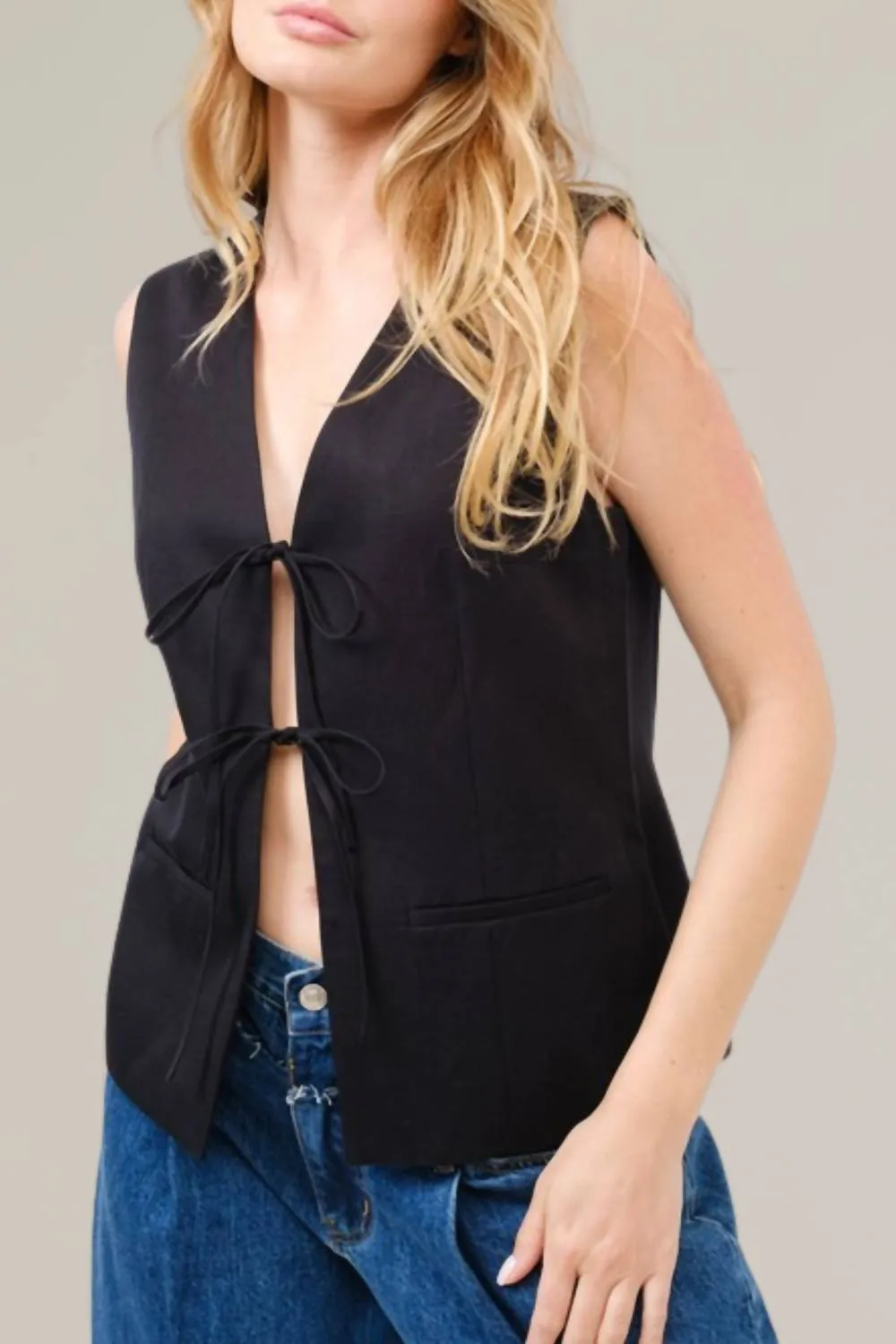 Tie Front Tailored Vest In Black