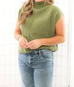 Turtleneck Ribbed Sweater Vest In Grey Green