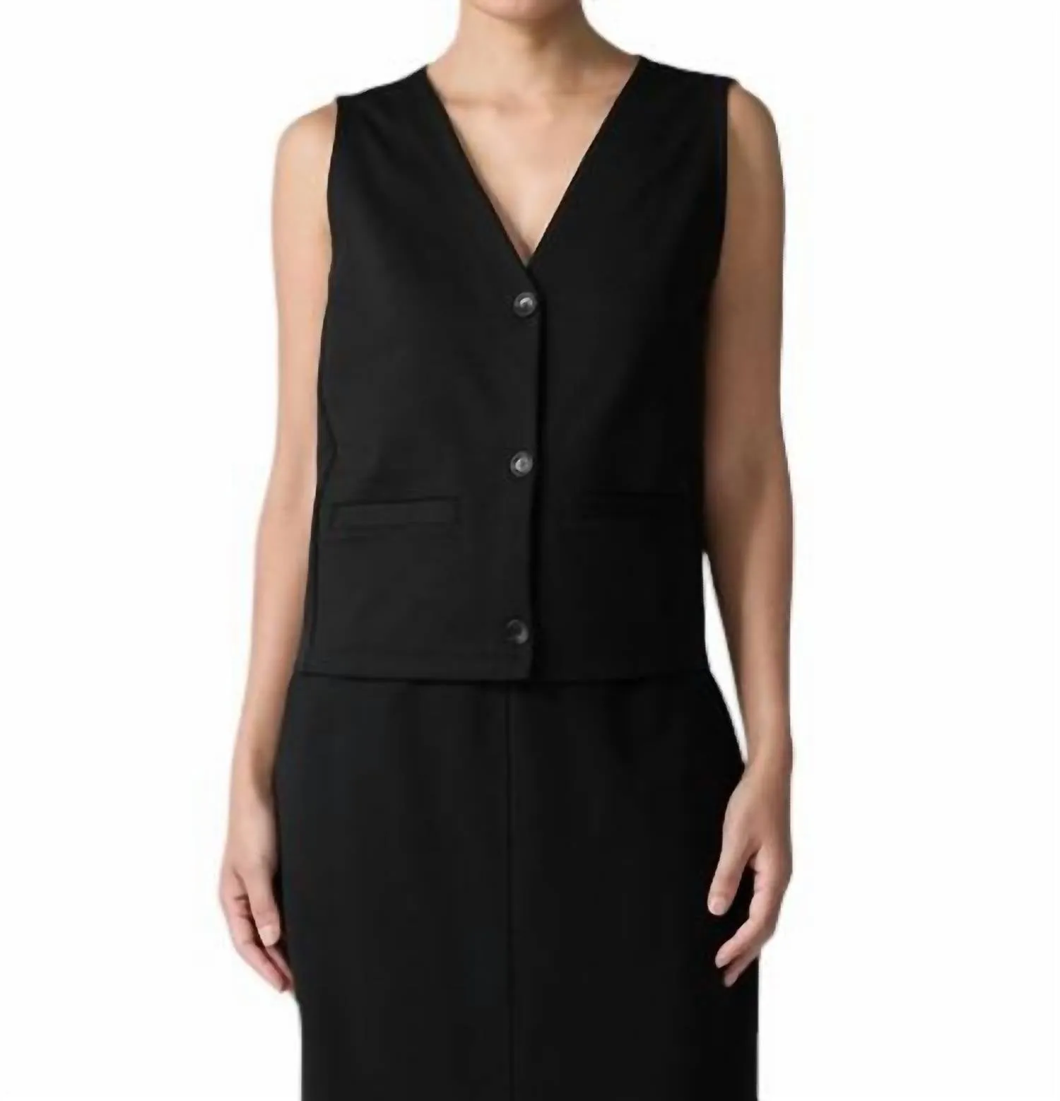 V-Neck Button Front Vest With Pockets In Black