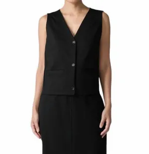 V-Neck Button Front Vest With Pockets In Black