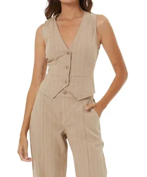 Veda Pinstrie Vest In Tan Pinstripe