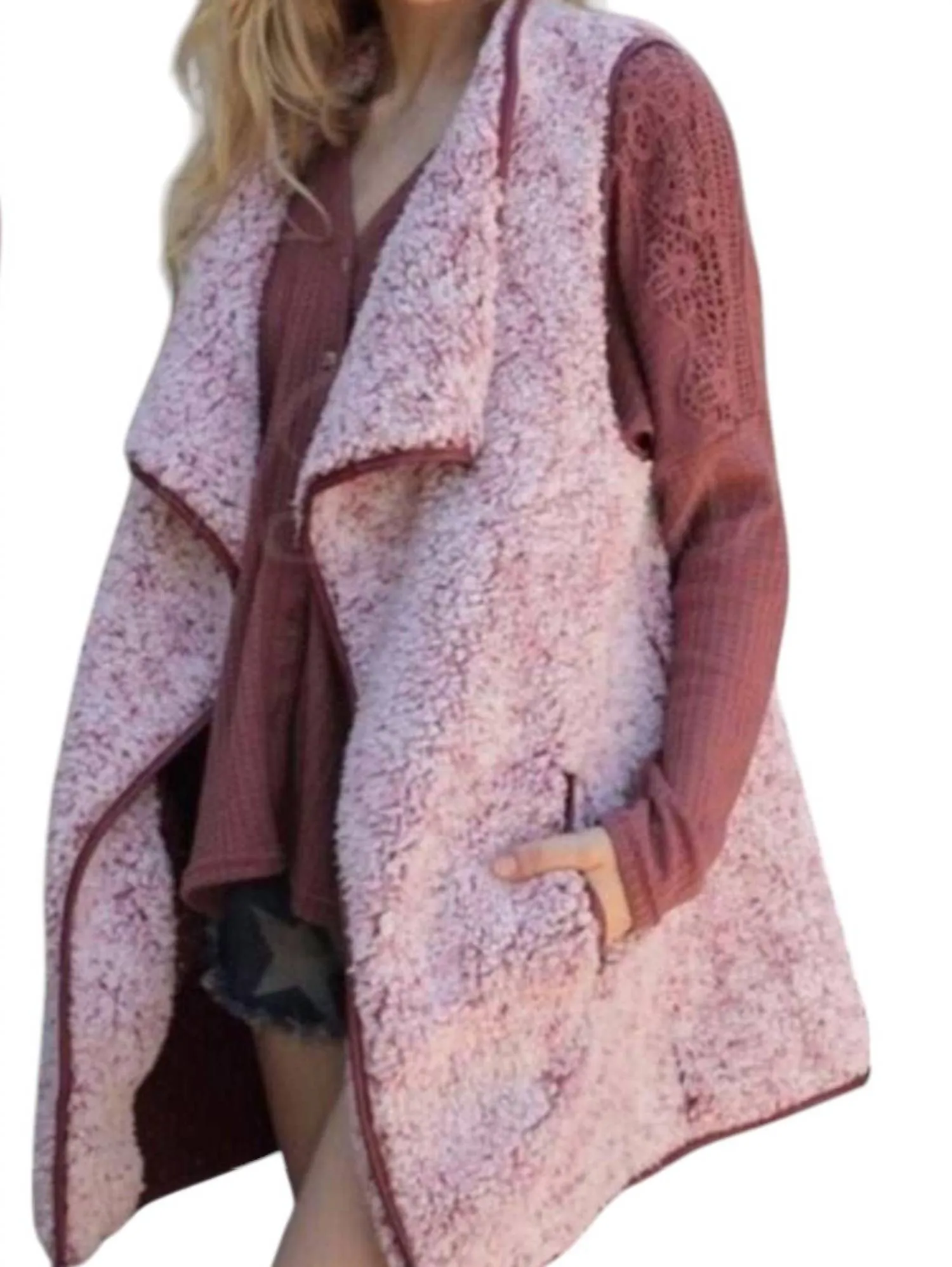 Vegan Faux Fur Sherpa Vest In Wine