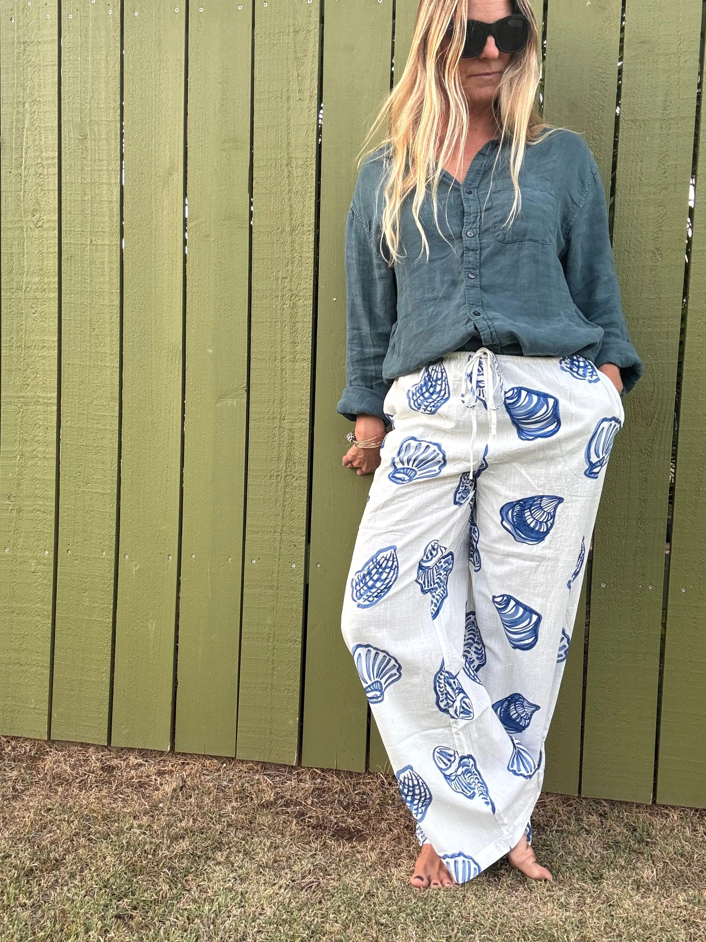 Watercolored Sea Shells Drawstring Pants
