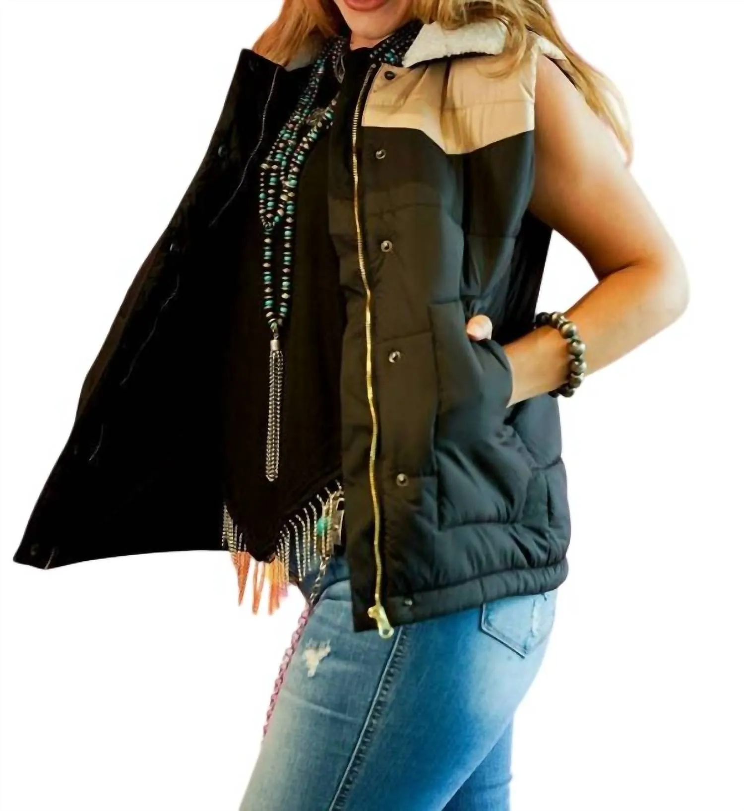 Western Puffer Vest In Black And Brown