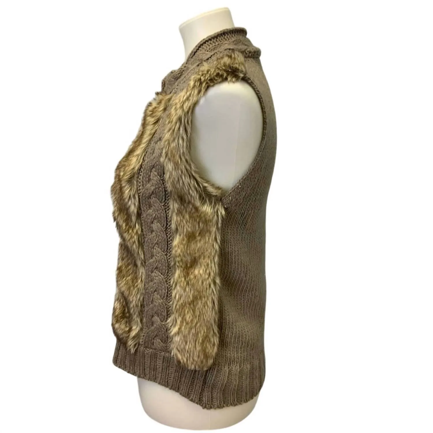 Women's Faux Fur Sleeveless Full Zip Cardigan Sweater Vest In Brown