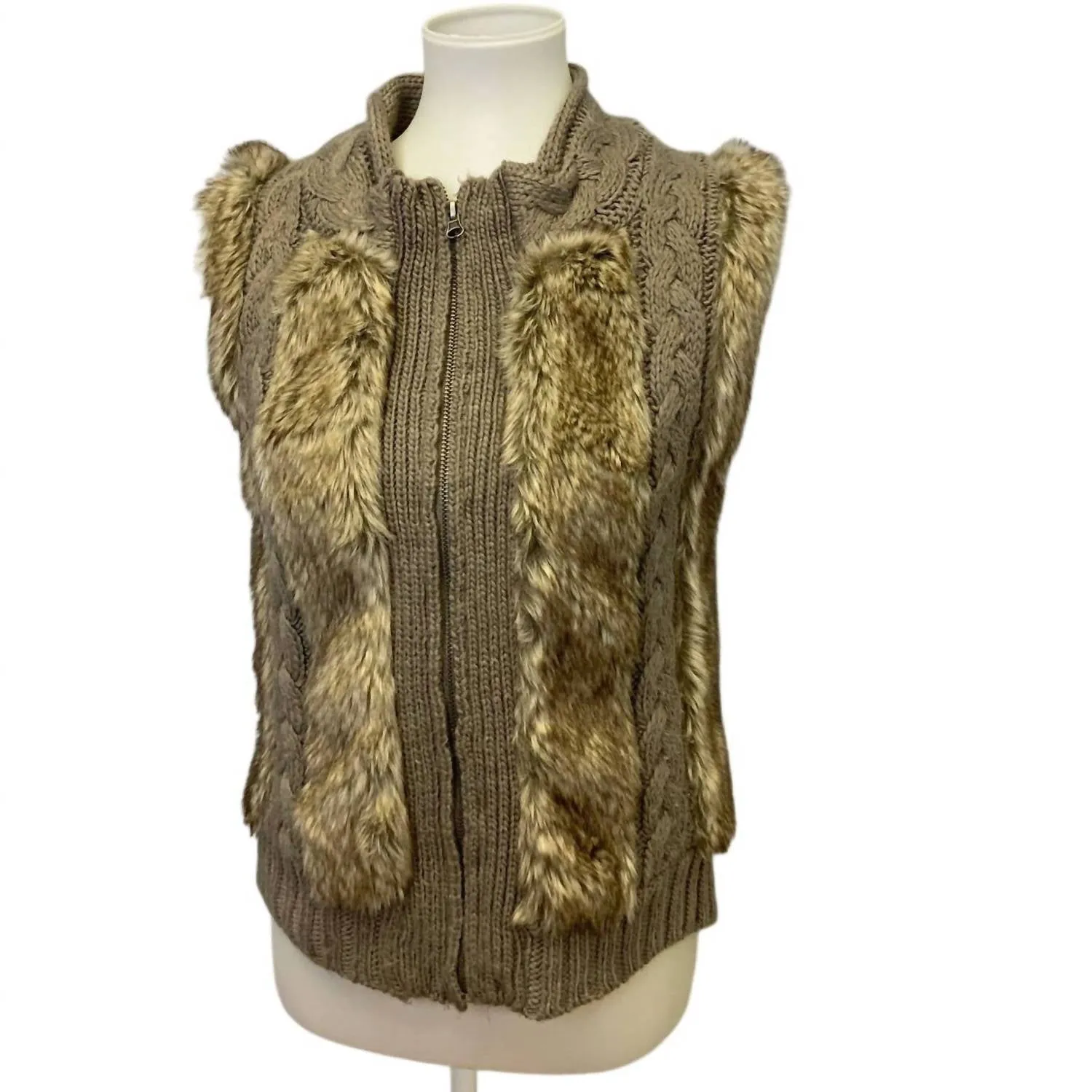 Women's Faux Fur Sleeveless Full Zip Cardigan Sweater Vest In Brown