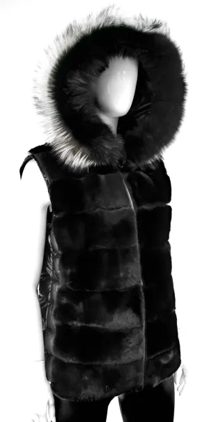 Women's Metallic Vest With Rabbit & Fox Trim In Black Metallic