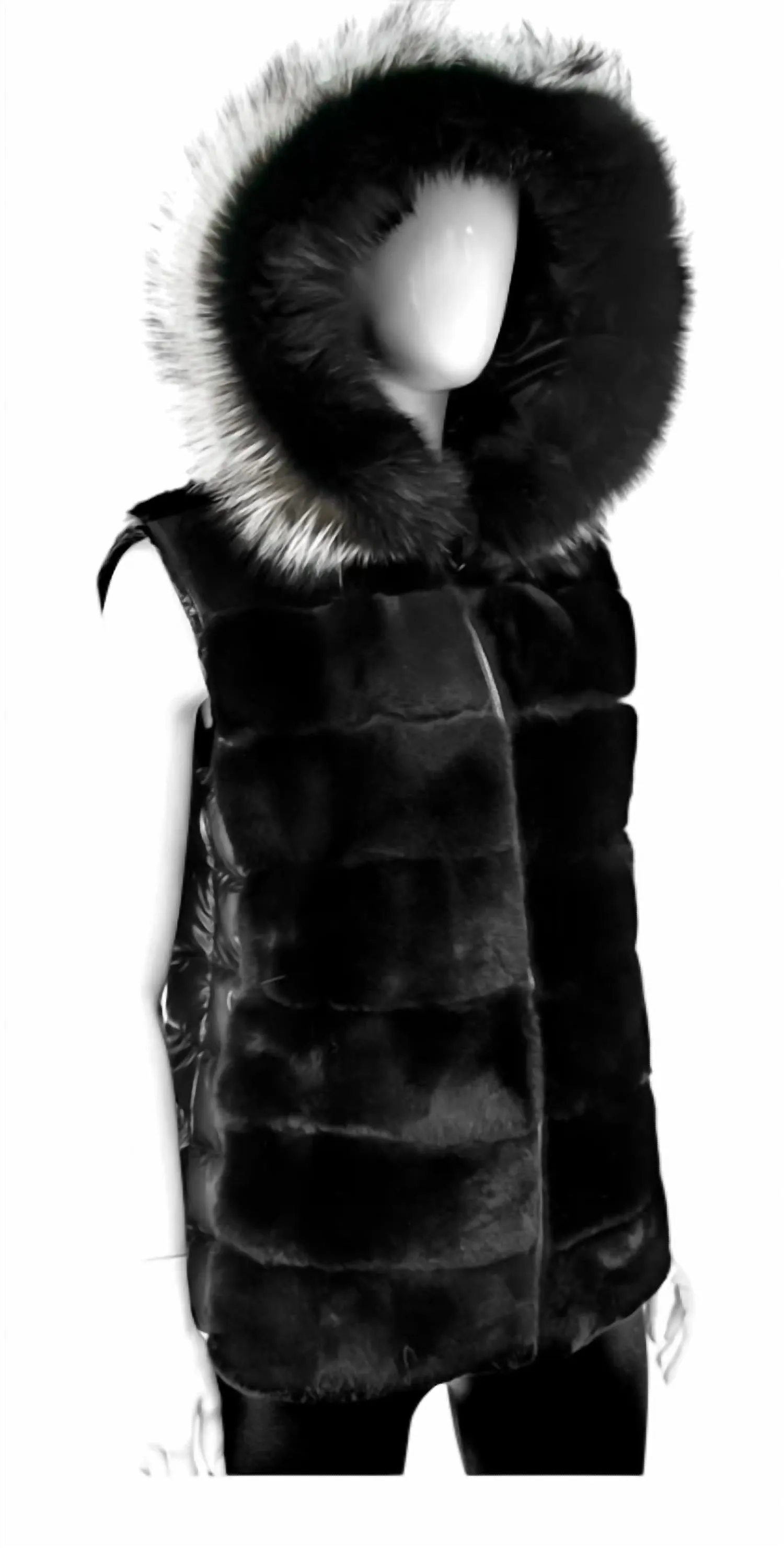Women's Metallic Vest With Rabbit & Fox Trim In Black Metallic