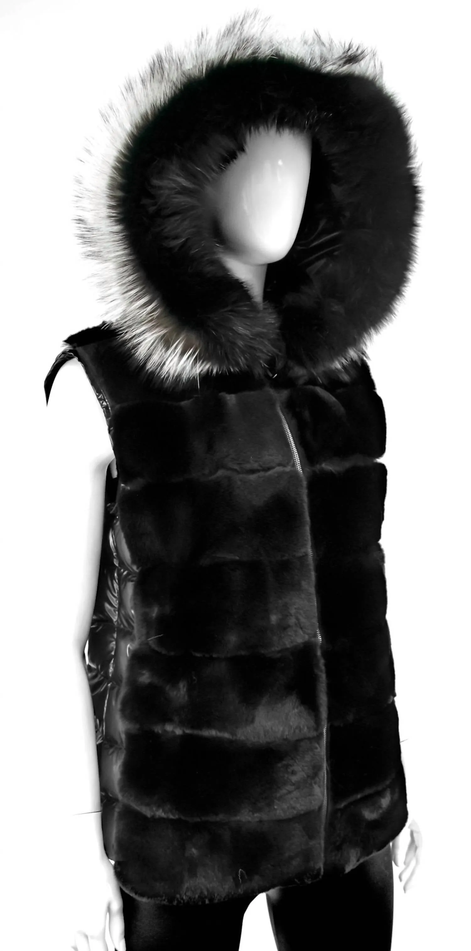 Women's Metallic Vest With Rabbit & Fox Trim In Black Metallic