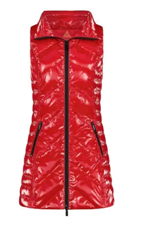 Women's Waxed Chevron Long Down Vest In Dark Red