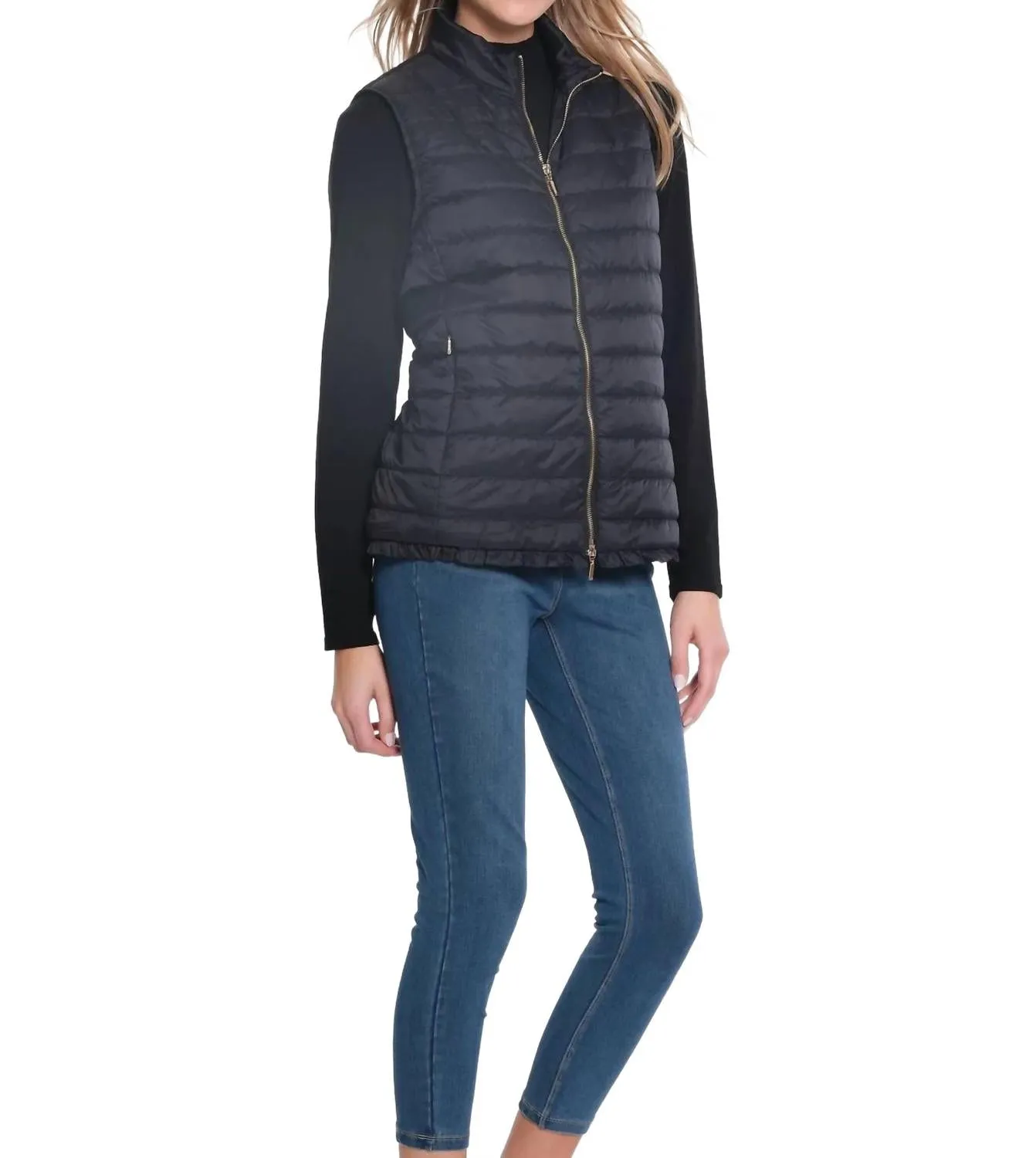 Zip Thru Collar Zip Pocket Quilted Vest In Black