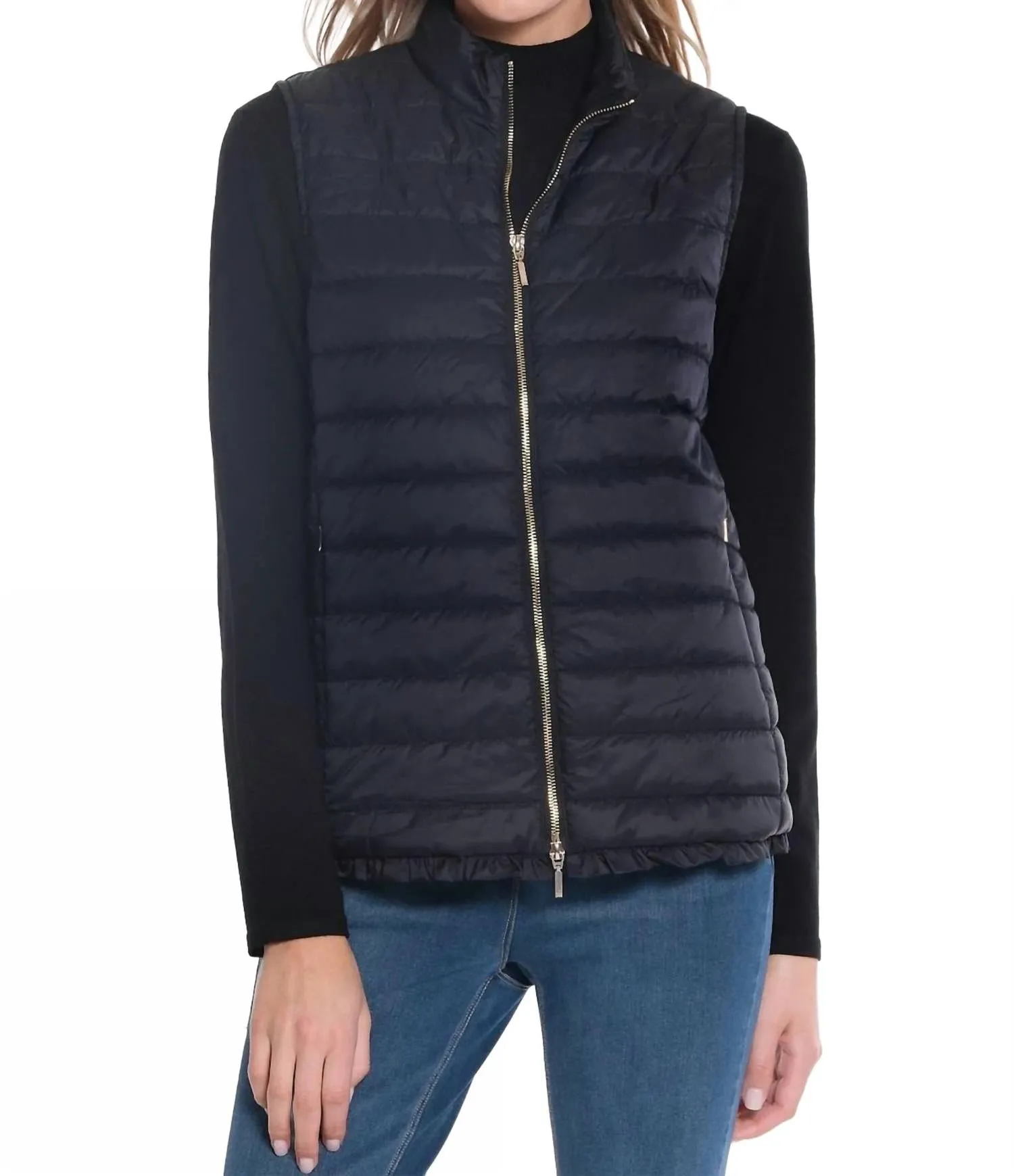 Zip Thru Collar Zip Pocket Quilted Vest In Black